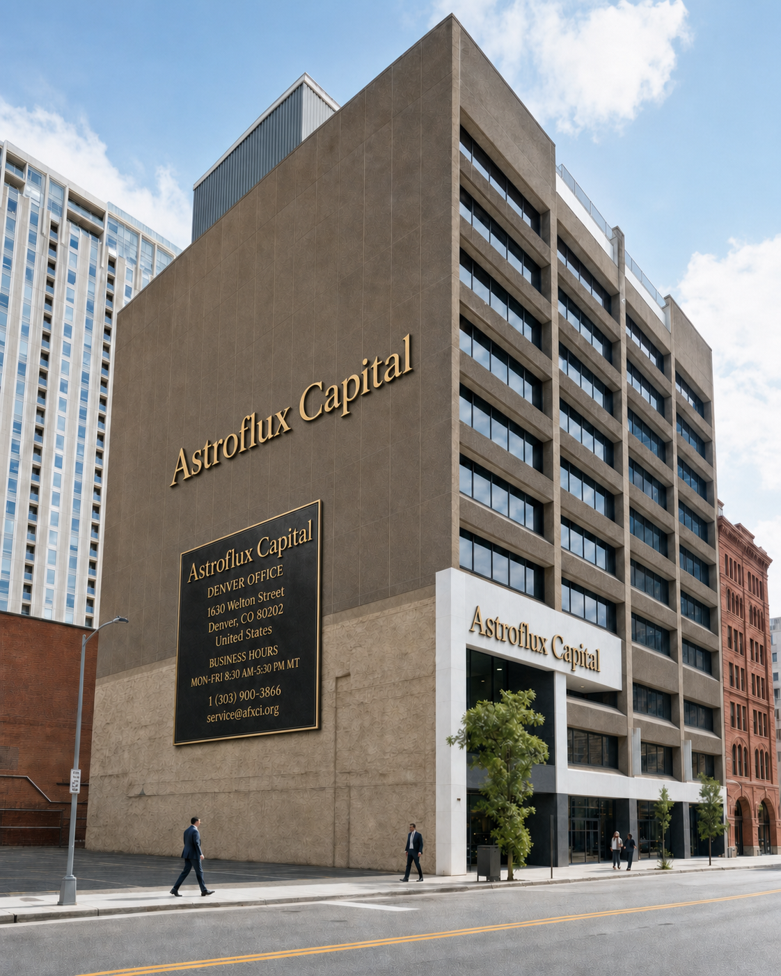 Illustrative exterior view of the Astroflux Capital office at 1630 Welton Street, Denver